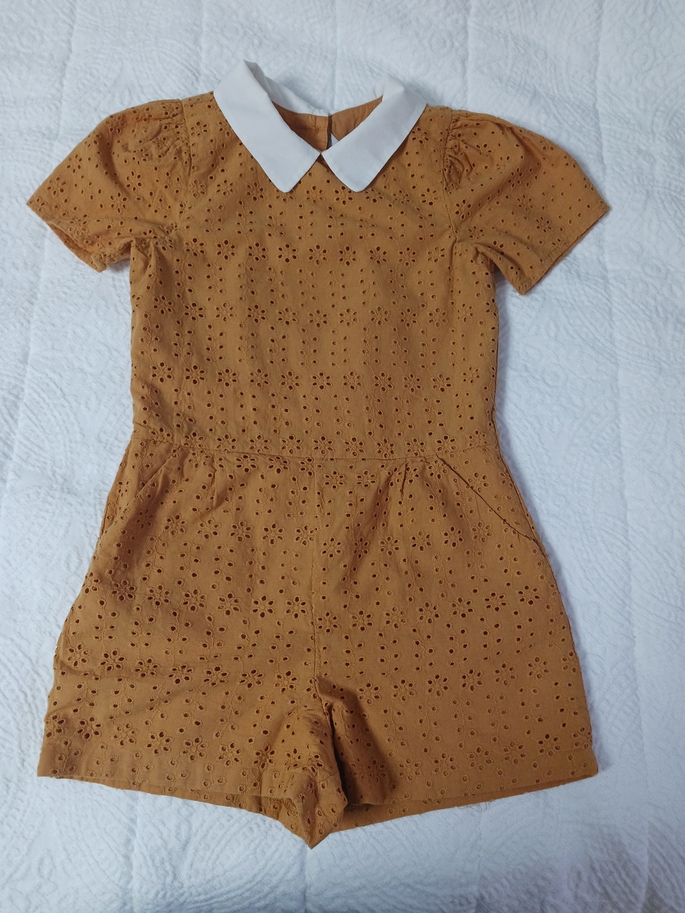 Girls' Eyelet Romper with White Peter Pan Collar - Mustard